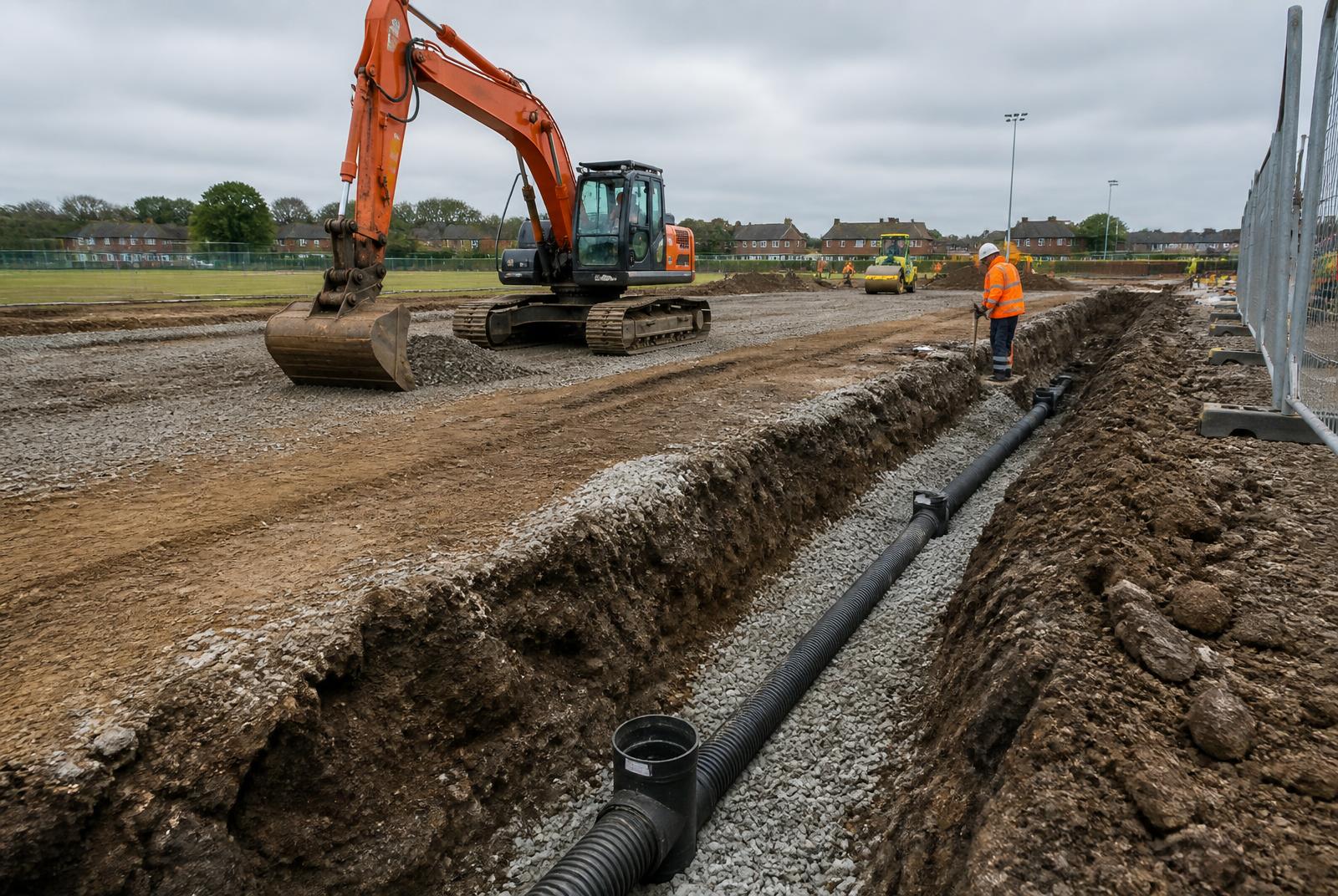 Groundworks and drainage in progress on a UK sports facility site